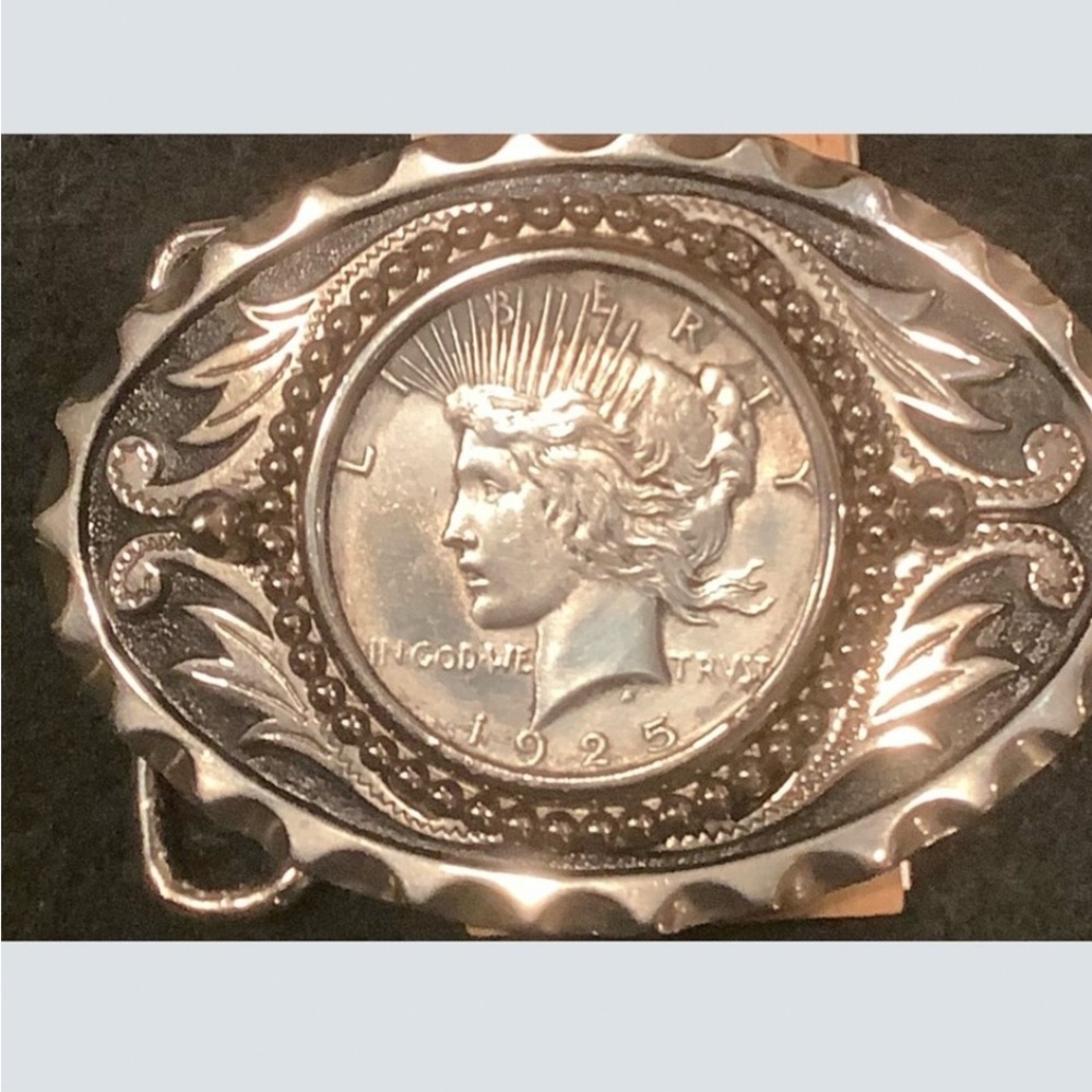 1925 Peace Dollar on white metal belt buckle bezel mount